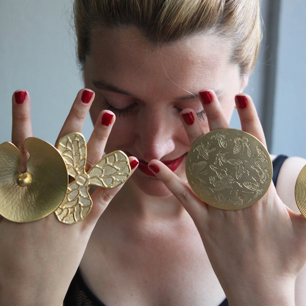 Adjustable Large Rings, Extra Large Ring, Large Lotus Leaf Ring, Boho Style Big Rings, Gold Statement Rings, Chunky Ring, Full Finger Ring