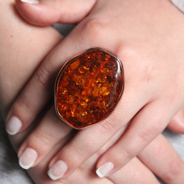 Synthetic Red Amber Stone Ring, Large Amber Ring, Gemstone RingsMother Day Gifts