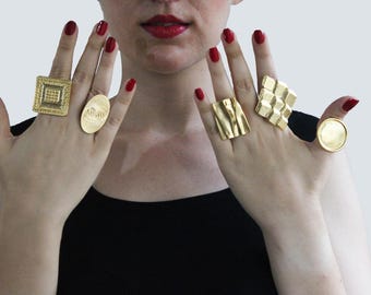 Gold Plated Brass Geometric Statement Ring: Adjustable Boho Chunky Ring