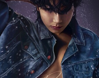 May include: A man with dark hair is wearing a blue denim jacket with a white logo that says "CK". The jacket is unbuttoned and the man's bare chest is visible. The background is a dark purple with white specks.