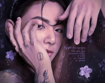 May include: A close-up portrait of a person with dark hair and a tattoo on their arm. The person is partially submerged in water with purple flowers floating around them. The text "Krypthechampagne Do not use commercially or edit or repost or print" is visible in the image.