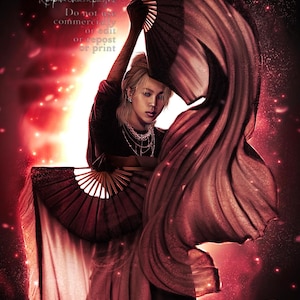 May include: A digital illustration of a person with blonde hair wearing a black top and layered necklaces, holding two large dark folding fans. The scene is set against a vibrant red background with glowing particles and text that reads: Kpopthechampagne. Do not use commercially or edit or repost or print.