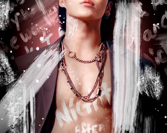 May include: A portrait of a person with black hair and white paint on their chest and torso. The paint spells out the words "Night" and "Higher".