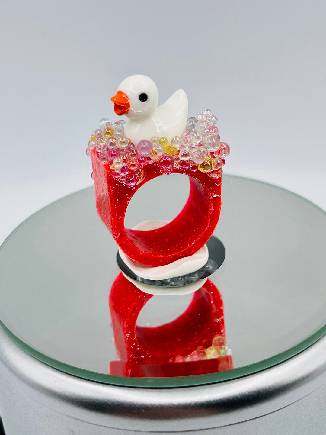 Rubber Duck Ring White, Pink Glow in the Dark Ring, Glowing Jewelry