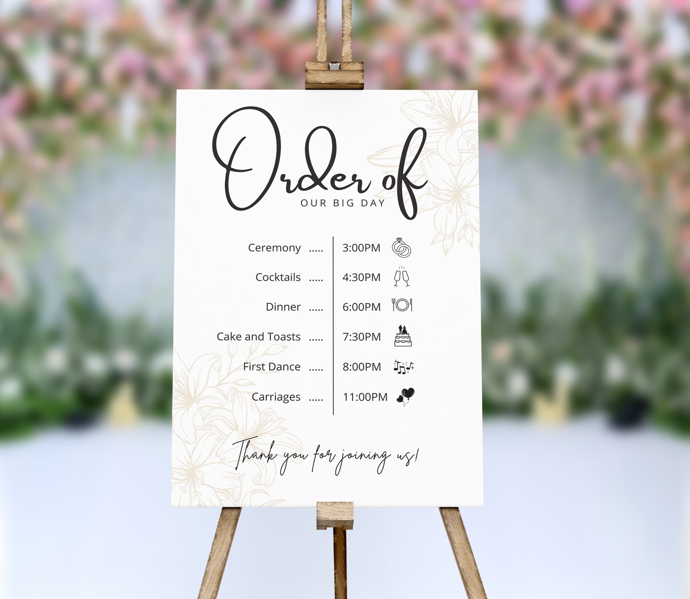A1, A2 or A3 Personalised Modern Wedding Order of the Day