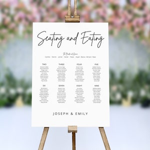 May include: A white seating chart with black text for a wedding reception. The chart is titled "Seating and Eating" and lists guest names under the headings "Two", "Three", "Four", "Five", "Six", "Seven", "Eight", and "Nine". The bottom of the chart reads "Joseph & Emily".