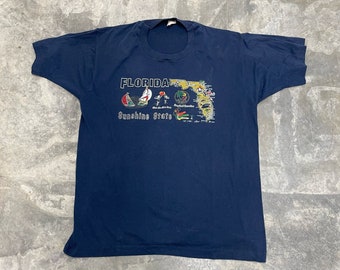 Vintage 80s Florida State Sunshine Tourist Souvenir Water Boat Navy Graphic T Shirt Extra Large Mens *I12