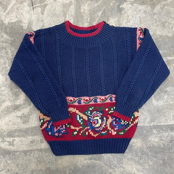 Vintage 90s Flower Grandma Essentials Hand Stitched Handmade Y2K Aesthetic Made in USA Navy Graphic Knit Pullover Sweater Small Womens *K14