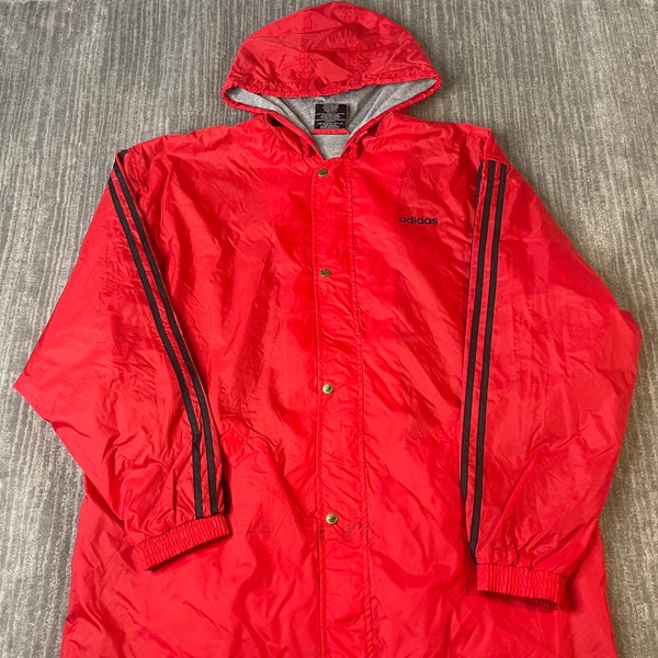 Vintage 90s Adidas Three Stripes Spell Out Essential Streetwear Long Coat Zip Up Button Up Red Raincoat Hooded Jacket Large Mens *Q3