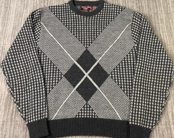 Vintage 80s Eagle Point Diamond Design All Over Geometric Pattern Lining Grandpa Style Knit Sweater Extra Large Mens *O20