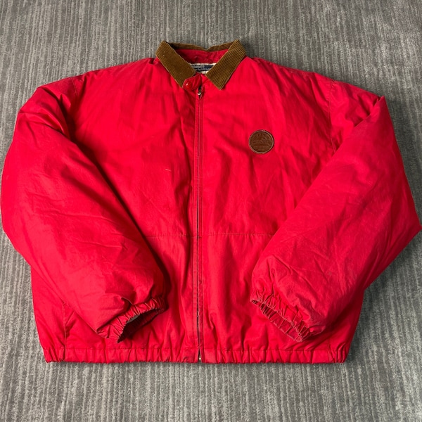 Vintage 90s Polo Ralph Lauren Equestrian Puffer Corduroy Neckline Designer 1990s Fashion Red Zip Up Coat Large Mens