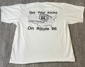 Vintage 90s Historic Route 66 Highway West Coast to East Coast Transportation Car Puff Print White Graphic Pocket T Shirt Large Mens *P14