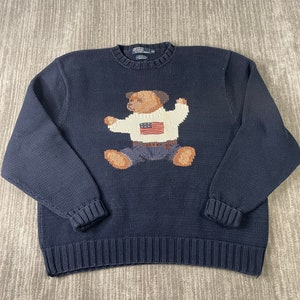 findsnostalgic Vintage 2000s Polo Ralph Lauren Sitting Bear Stitched Kanye Hand Knit Classic Style Navy Pullover Knit Sweater Double Extra Large Mens *R11
