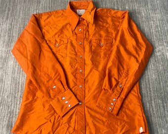 Vintage 70s Ranchwear Two Pocket Pearl Snap Western Cowboy 1970s Fashion Made in USA Orange Button Up Collar Shirt Double Extra Large Mens