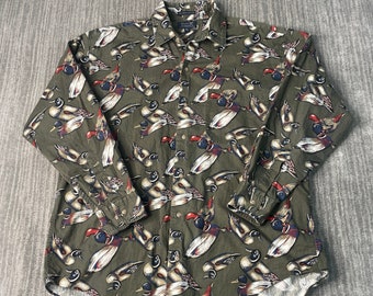 Vintage 2000s Ducks Unlimited One Pocket Animal Duck Nature Wilderness Y2K Aesthetic Dress Casual Formal Green Long Sleeve Shirt Large Mens