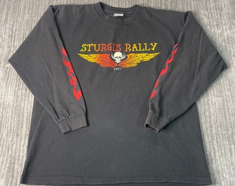 Vintage 2000s Sturgis Rally Flames Arm Sleeve Skulls Motorcycle Biker Y2K Aesthetic Black Graphic Long Sleeve Shirt Extra Large Mens
