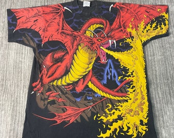 Vintage 90s Liquid Blue Dragon All Over Print Artwork Single Stitch Streetwear Essential Multi Color Graphic T Shirt Extra Large Mens *Y14