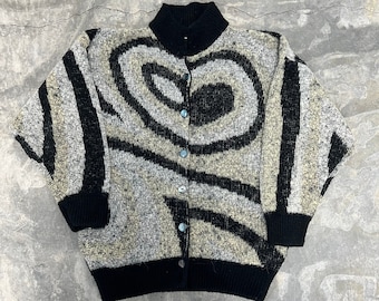 Vintage 90s Eddie Dassin Swirl All Over Pattern Fuzzy Graphic Multi Color Button Up Knit Sweater Large Womens  *G17