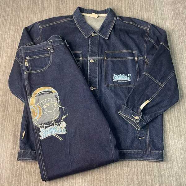 Vintage 2000s South Pole Urban Hip Hop Style Stitched Trucker Baggy Fit Blue Denim Jean Jacket & Jeans Double Extra Large Mens *Y10