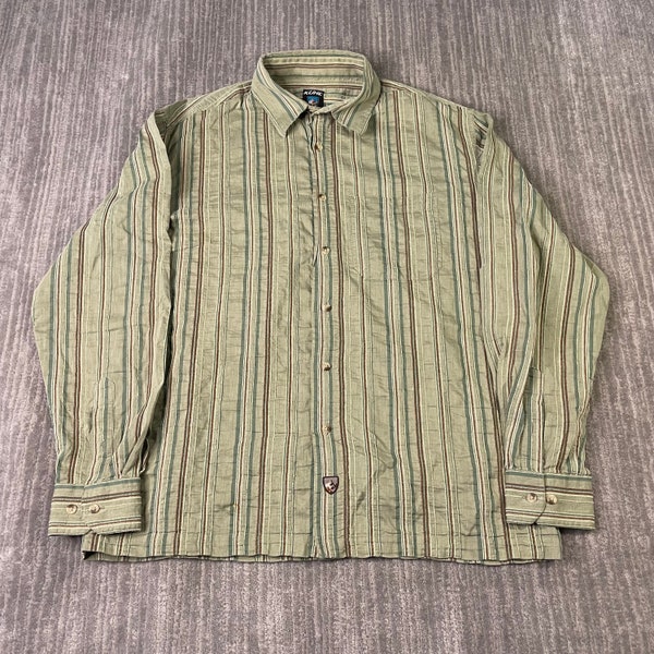 Vintage 2000s Kuhl Outdoors Hiking Camping Casual Formal Wear Striped Down Green Collar Long Sleeve Pocket Shirt Large Mens *P1