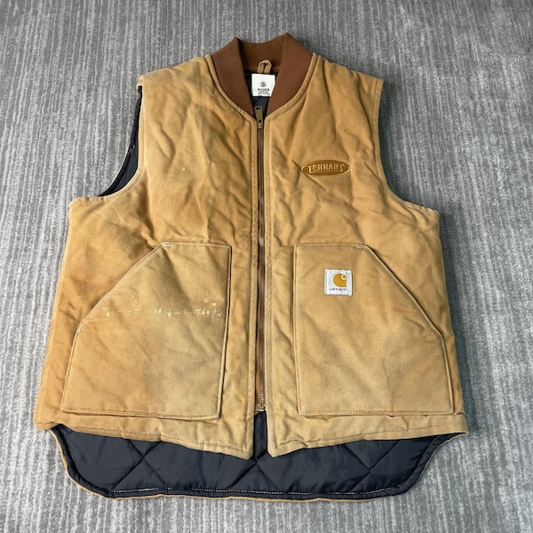 Vintage 2000s Carhartt Workwear Carpenter Heavy Duty Winter Fall Season Basic Essential Brown Zip Up Vest Large Mens