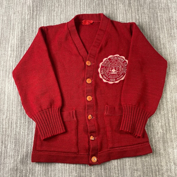 Vintage 60s Ball State Teachers College University Indiana Stitched Logo Two Pocket 1960s Fashion Red Knit Cardigan Sweater Small Mens *V2