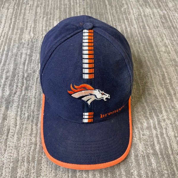 Vintage 2000s Denver Broncos Logo NFL Football Sportswear Spell Out Summer Orange Bill Adjustable Navy Strap Back Hat OSFA Unisex *HB1