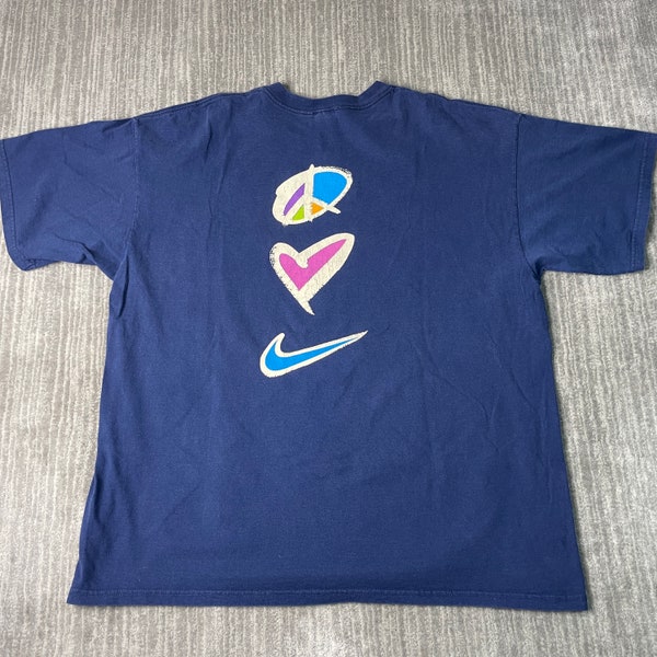 Vintage 2000s Nike Swoosh Check Peace Love Double Sided Sportswear Athletic Y2K Aesthetic Navy Graphic T Shirt Extra Large Mens