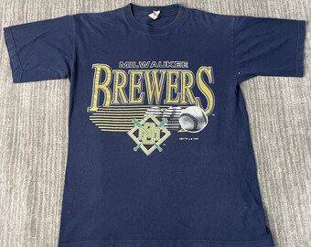 Vintage 90s Milwaukee Brewers MLB Baseball Sportswear Athletic 1990s Fashion Gift For Dad Navy Graphic T Shirt Large Mens *Z18