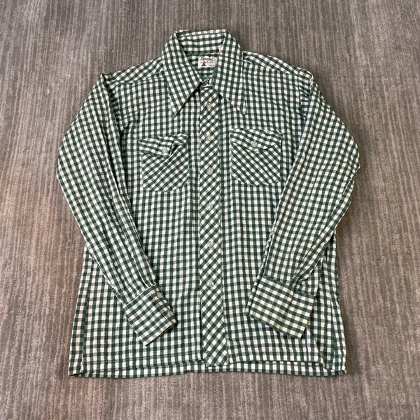 Vintage 80s Essential Grandpa Fashion Western Cowboy Style 2 Pocket Wingtip Green Plaid Long Sleeve Button Up Shirts Extra Large Mens *P1