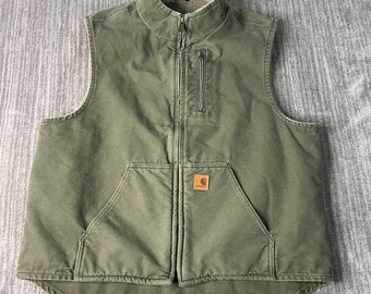 Vintage 2000s Carhartt Workwear Carpenter Sherpa Lining Basic Essential Winter Season Green Zip Up Vest Extra Large Mens