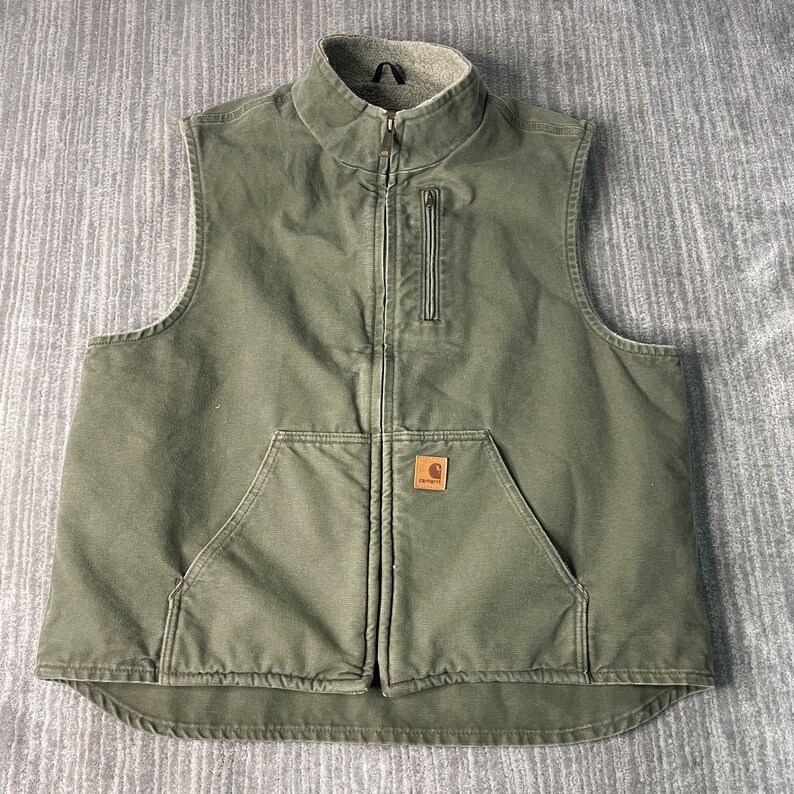 Vintage 2000s Carhartt Workwear Carpenter Sherpa Lining Basic Essential Winter Season Green Zip Up Vest Extra Large Mens image 1