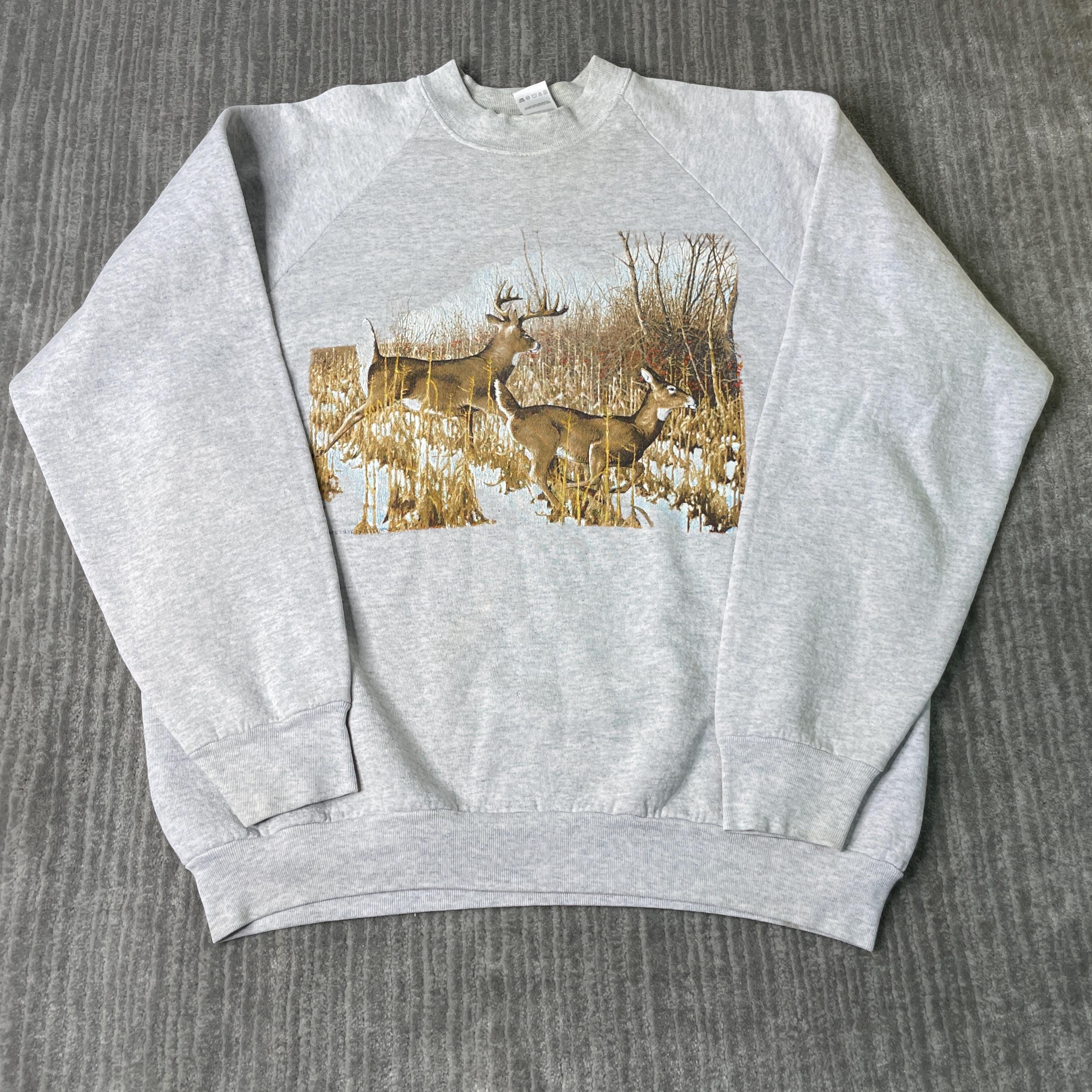 Vintage 80s Deer Animal Woods Nature Made in USA Streetwear Grey Graphic Crewneck Double Extra Large Mens