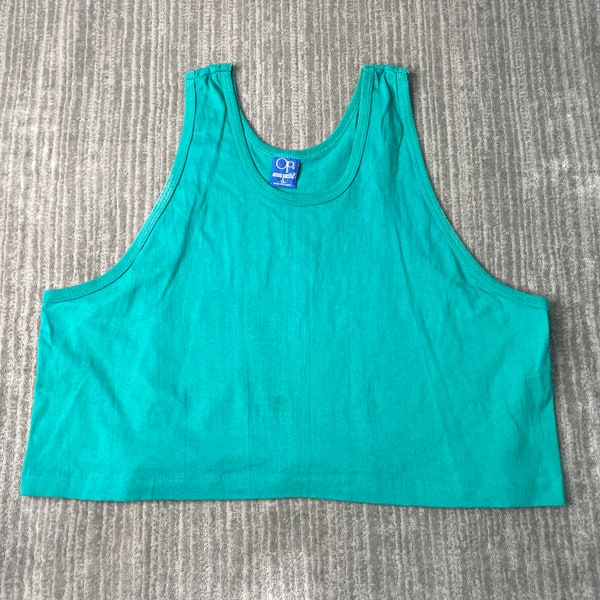 Vintage 90s Ocean Pacific Surf Skate Basic Essential Streetwear Made in USA Blue Graphic Cropped Tank Top Extra Large Mens