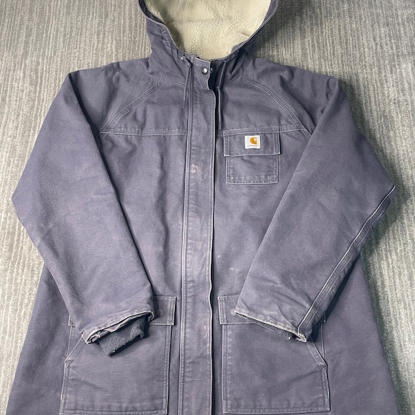 Vintage 2000s Carhartt Workwear Carpenter Four Pocket Sherpa Lining Y2K Aesthetic Purple Hooded Zip Up Coat Double Extra Large Women