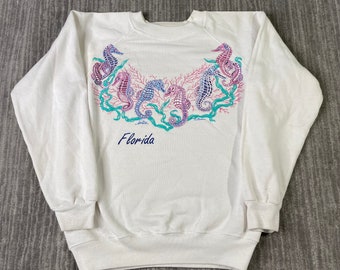 Vintage 90s Florida Sea Horse Ocean Water Glitter Puff Print Tourist Souvenir White Graphic Crewneck Medium Unisex *P2