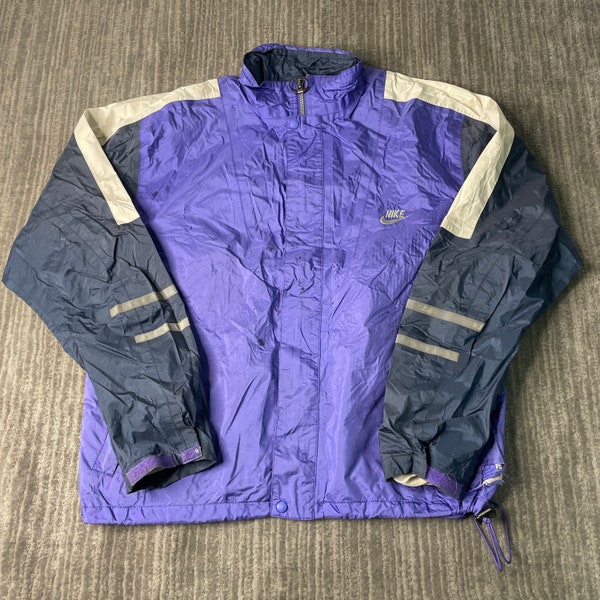 Vintage 90s Nike International Swoosh Check Sportswear Athletic Windbreaker Style Soccer Purple Zip Up Track Jacket Medium Mens