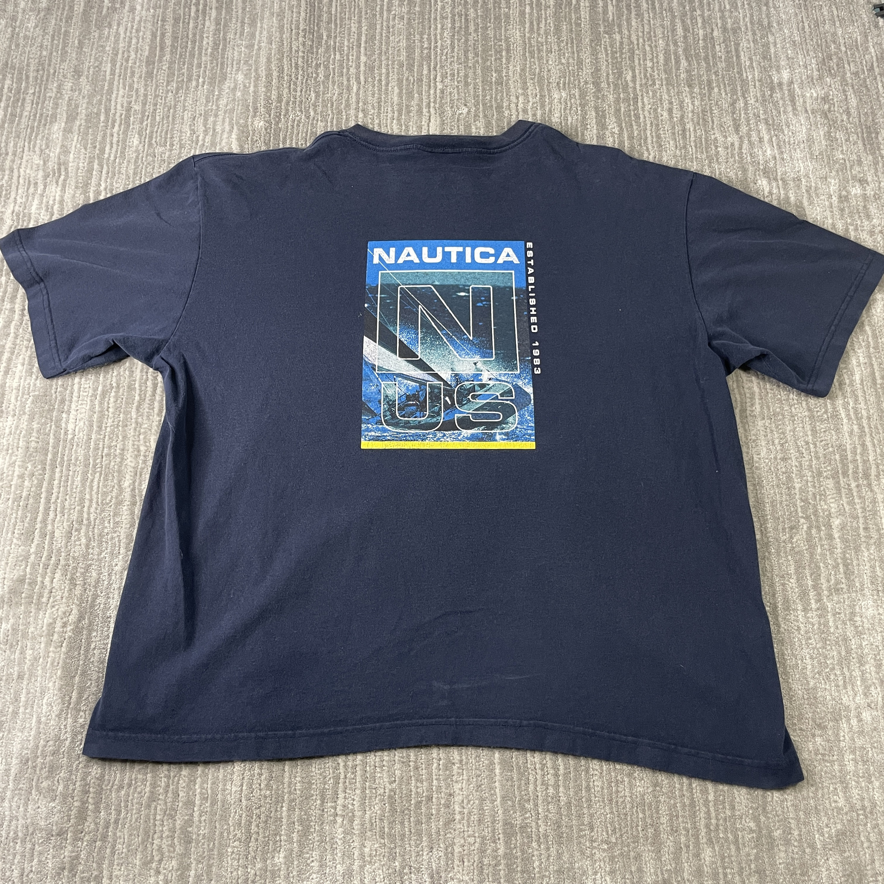 Vintage Nautica T Shirt Mens Large Blue Pocket Airplane Island