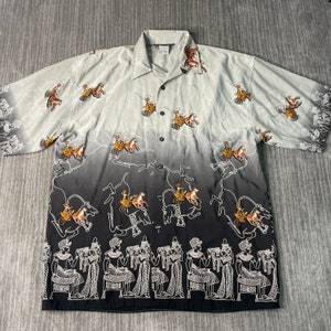 Vintage 2000s Ultimate Sport Horses All Over Design Y2K Aesthetic Skater Style Fashion Multi Color Button Up Shirt Large Mens