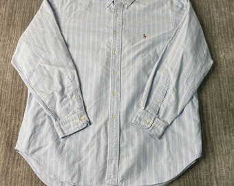 Vintage 2000s Polo Ralph Lauren Small Logo Striped Pattern Basic Essential Casual Preppy Blue Button Up Shirt Double Extra Large Mens