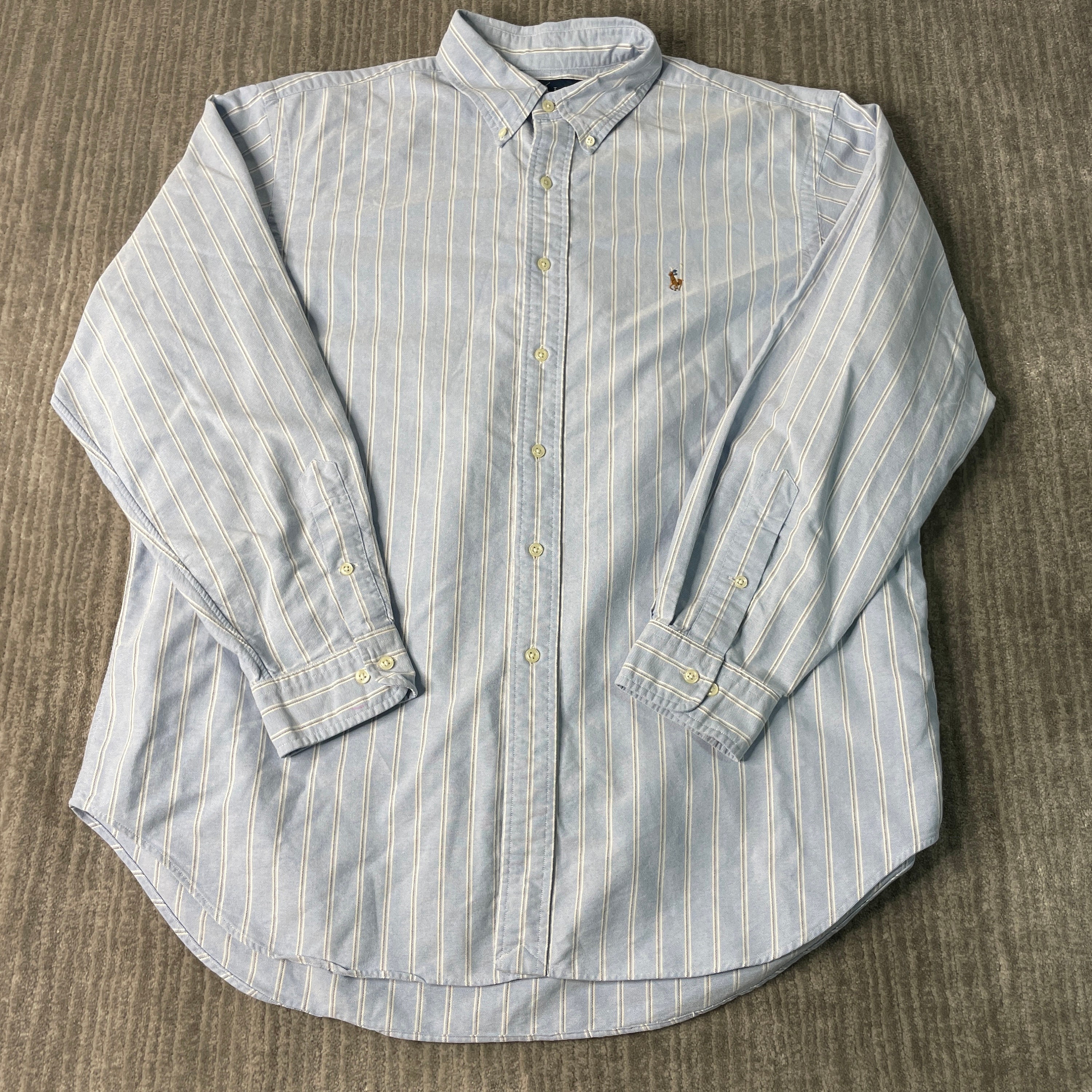 Vintage 2000s Polo Ralph Lauren Small Logo Striped Pattern Basic Essential Casual Preppy Blue Button Up Shirt Double Extra Large Mens