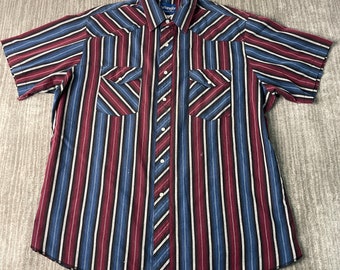 Vintage 2000s Wrangler Two Pocket Striped Pattern Western Cowboy Pearl Snap Basic Essential Multi Color Button Up Shirt Extra Large Mens
