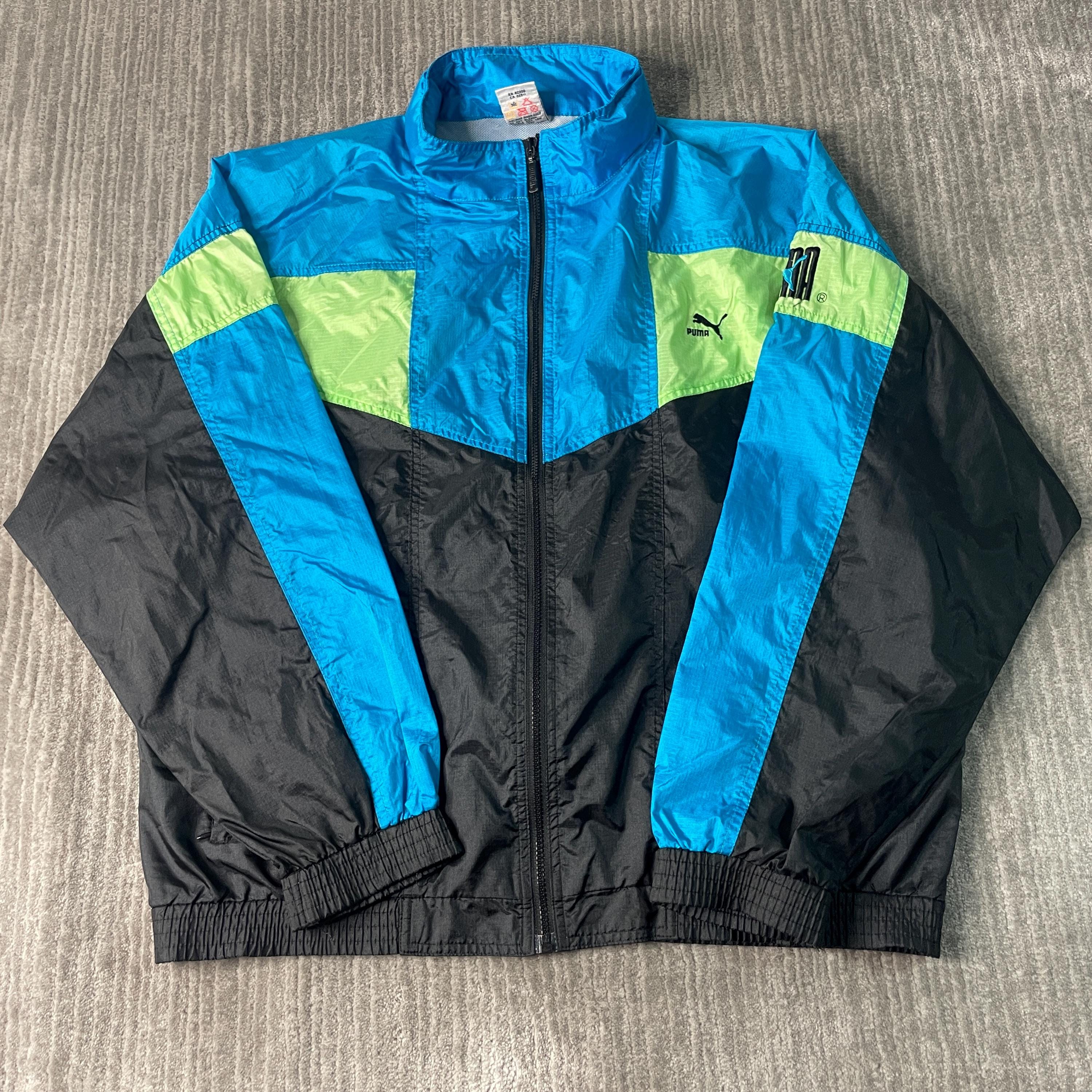 Vintage 90s Puma Two Pocket Small Logo Sportswear Athletic Windbreaker 1990s Fashion Blue Zip Up Light Jacket Extra Large Mens
