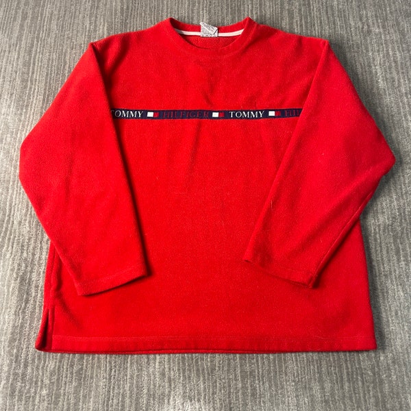 Vintage 2000s Tommy Hilfiger Jeans Spell Out Logo Y2K Aesthetic Fleece Material Red Graphic Long Sleeve Crewneck Large Mens