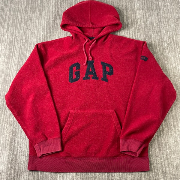 Vintage 2000s Gap Stitched Spell Logo Streetwear Essential Fashion Y2K Aesthetic Comfy Red Graphic Fleece Pullover Hoodie Large Mens *S13