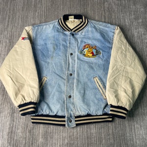 Vintage 2000s Walt Disney Winnie The Pooh Varsity Stitched Embroidered Y2K Aesthetic Blue Button Up Jacket Extra Large Mens