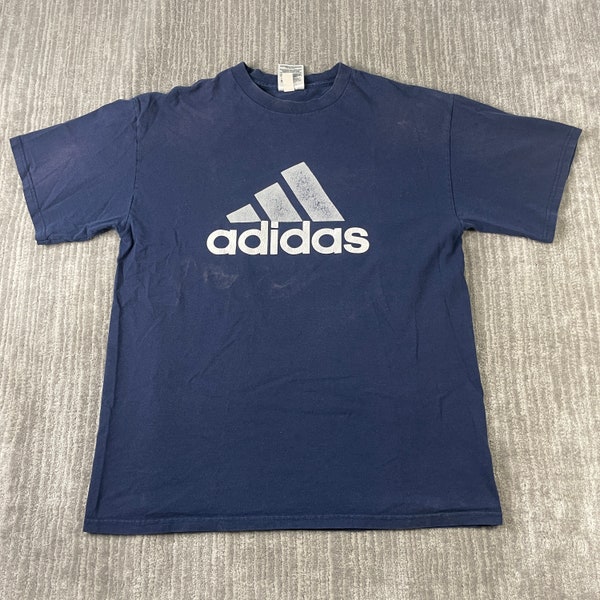 Vintage 2000s Adidas Three Stripes Sportswear Athletic Fashion Y2K Aesthetic Streetwear Essential Navy Graphic T Shirt Medium Mens *U8