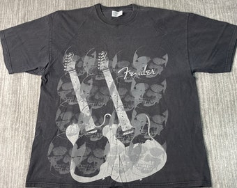 Vintage 2000s Fendor Guitar Music Instrument Artwork Y2K Aesthetic Streetwear Black Graphic T Shirt Extra Large Mens