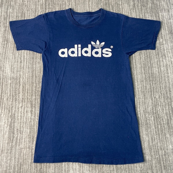 Vintage 80s Adidas Three Stripes Logo Sportswear Athletic Double Sided Made in USA Single Stitch Navy Graphic T Shirt Large Mens