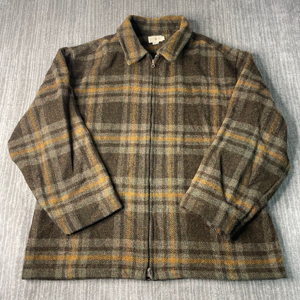 Vintage 90s J Crew Two Pocket Tweed Plaid Pattern Made in USA Wool Material Basic Essential Brown Zip Up Jacket Extra Large Mens